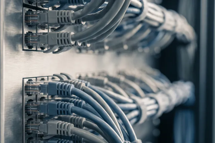 Patch panel v datovém rozvaděči s propojenými síťovými kabely