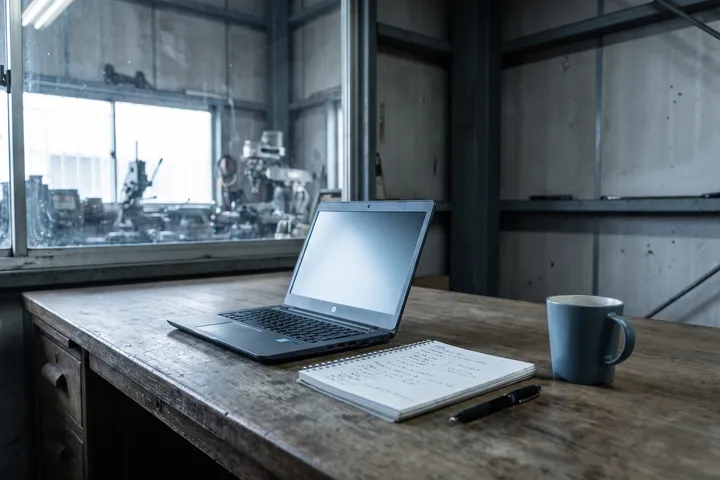 Notebook na dílenském stole v kanceláři u výroby, za oknem obráběcí stroj