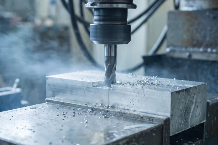 Fréza ve vřetenu CNC stroje obrábí hliníkový díl upnutý ve svěráku